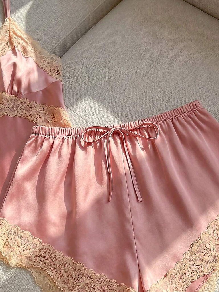 Pijama de Camisola y Short de Satín Rosa con Encaje — vista 4