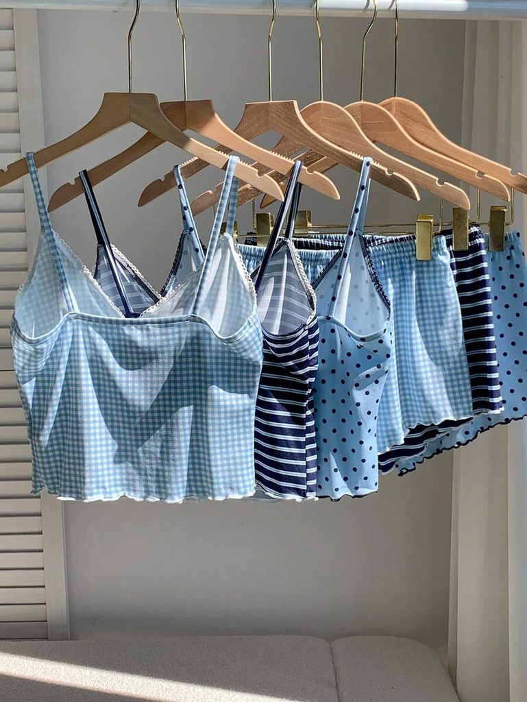 Pijama de Camisola y Short de Cuadros Azul Claro — vista 1