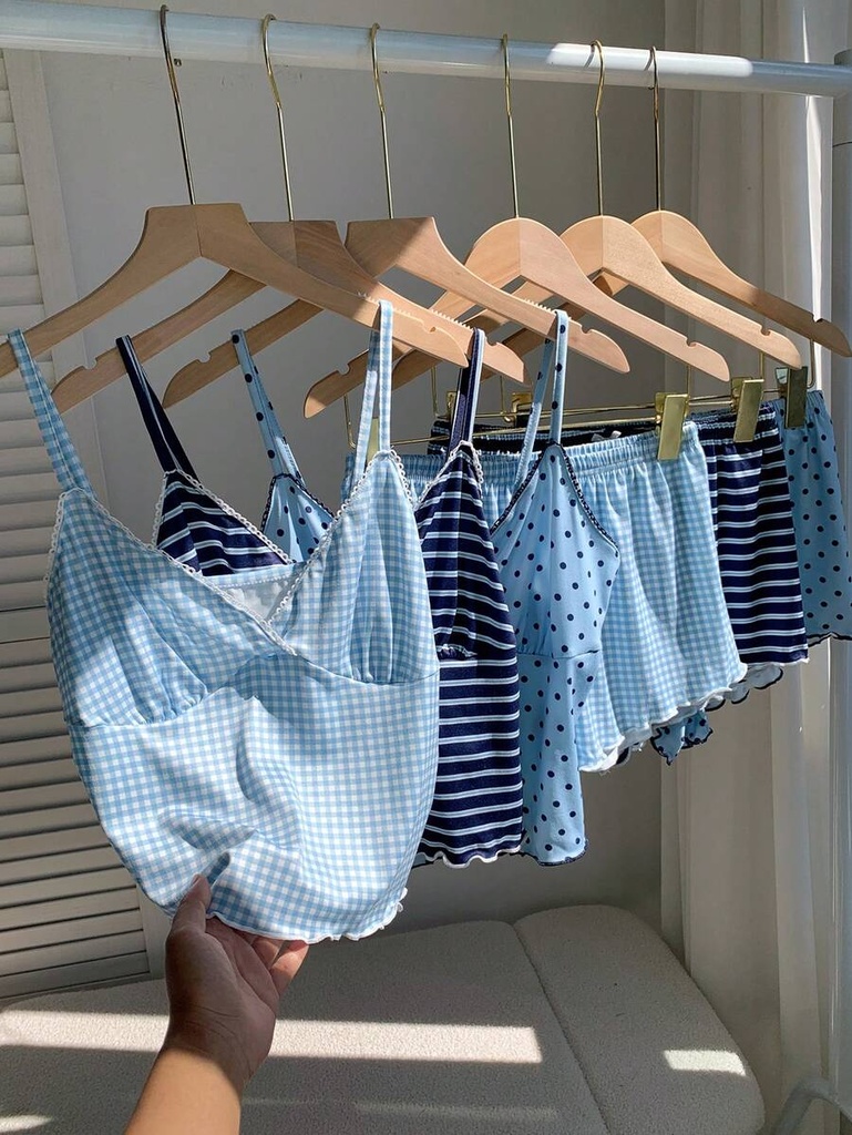 Pijama de Camisola y Short de Cuadros Azul Claro — vista 2