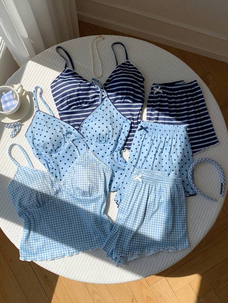 Pijama de Camisola y Short de Cuadros Azul Claro — vista 3