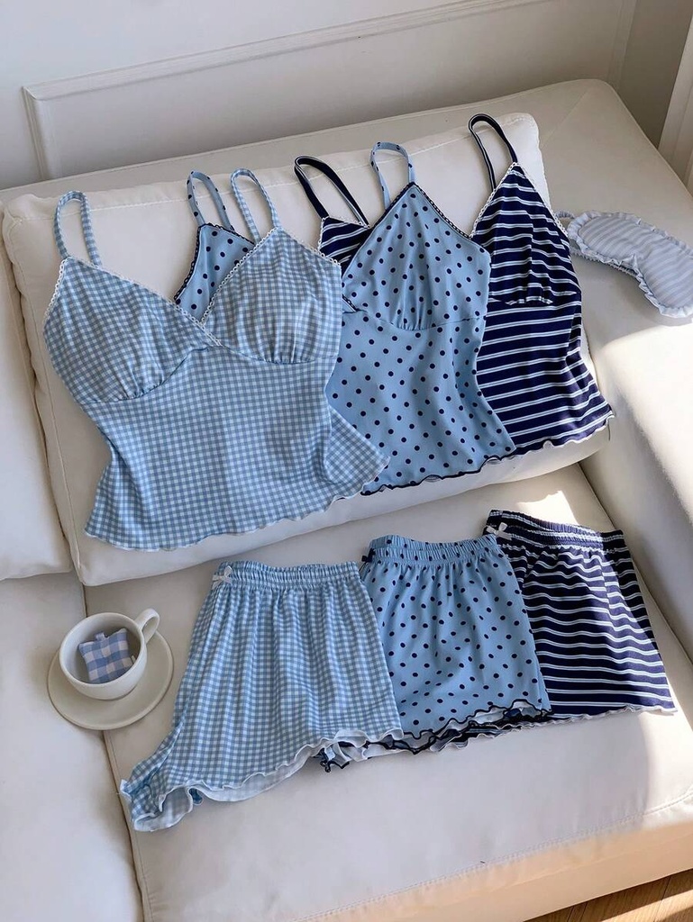 Pijama de Camisola y Short de Cuadros Azul Claro — vista 4