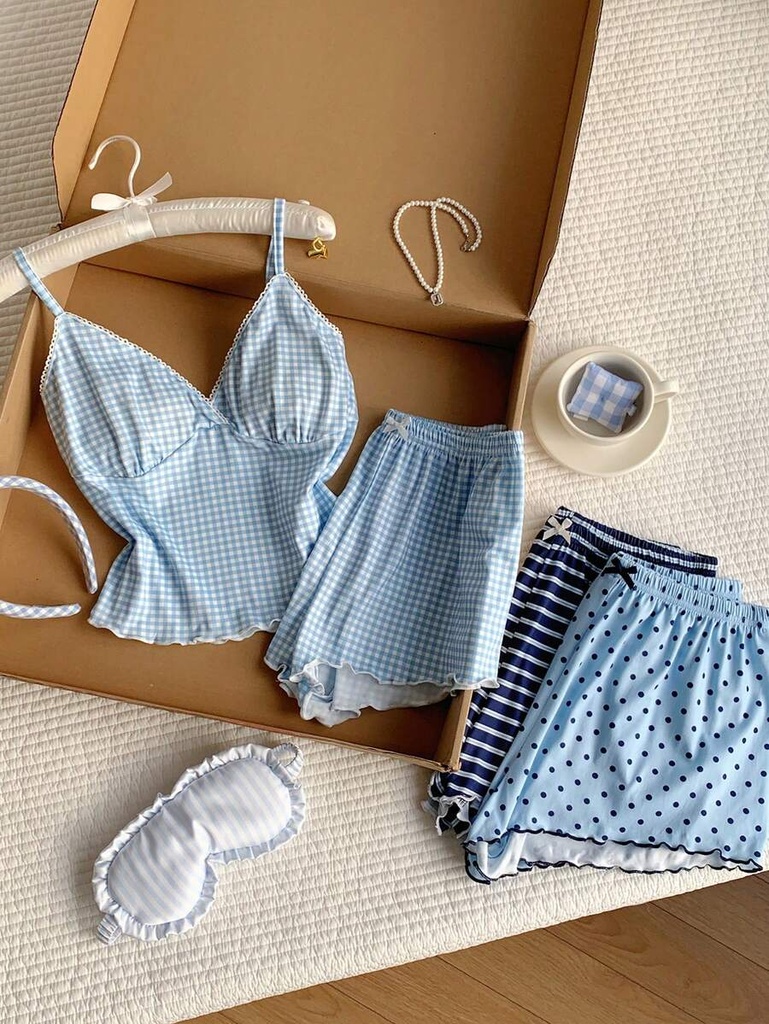 Pijama de Camisola y Short de Cuadros Azul Claro — vista 5