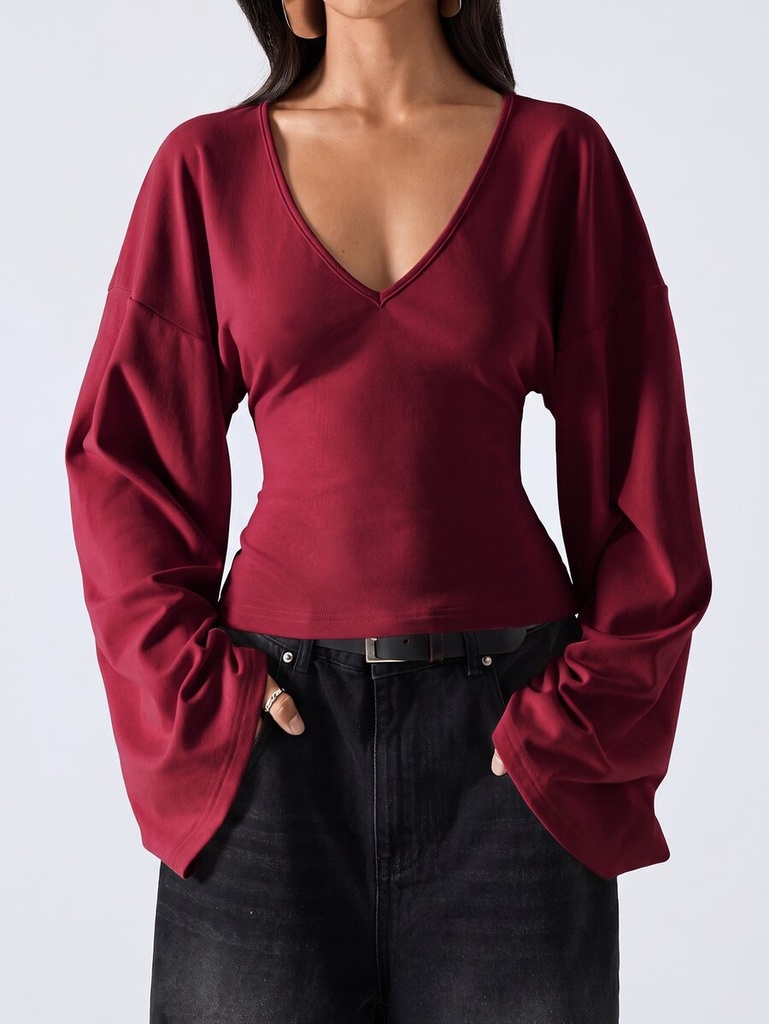 Blusa Vino de Cuello V y Manga Acampanada — vista 3