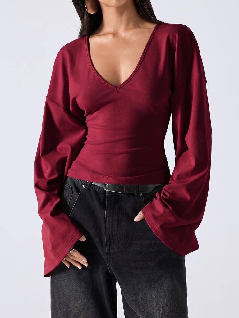 Blusa Vino de Cuello V y Manga Acampanada — vista 4