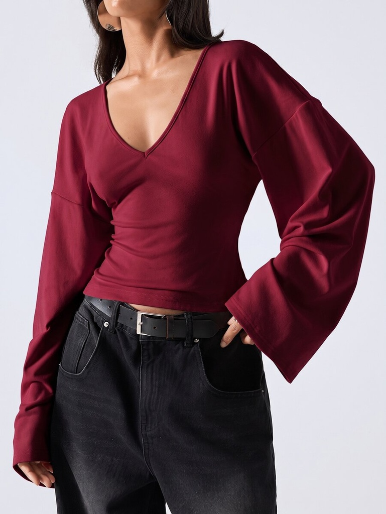 Blusa Vino de Cuello V y Manga Acampanada — vista 6