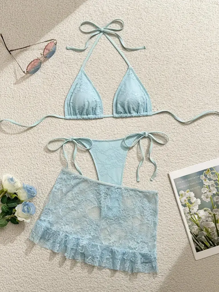Bikini 3PCS Azul Encaje