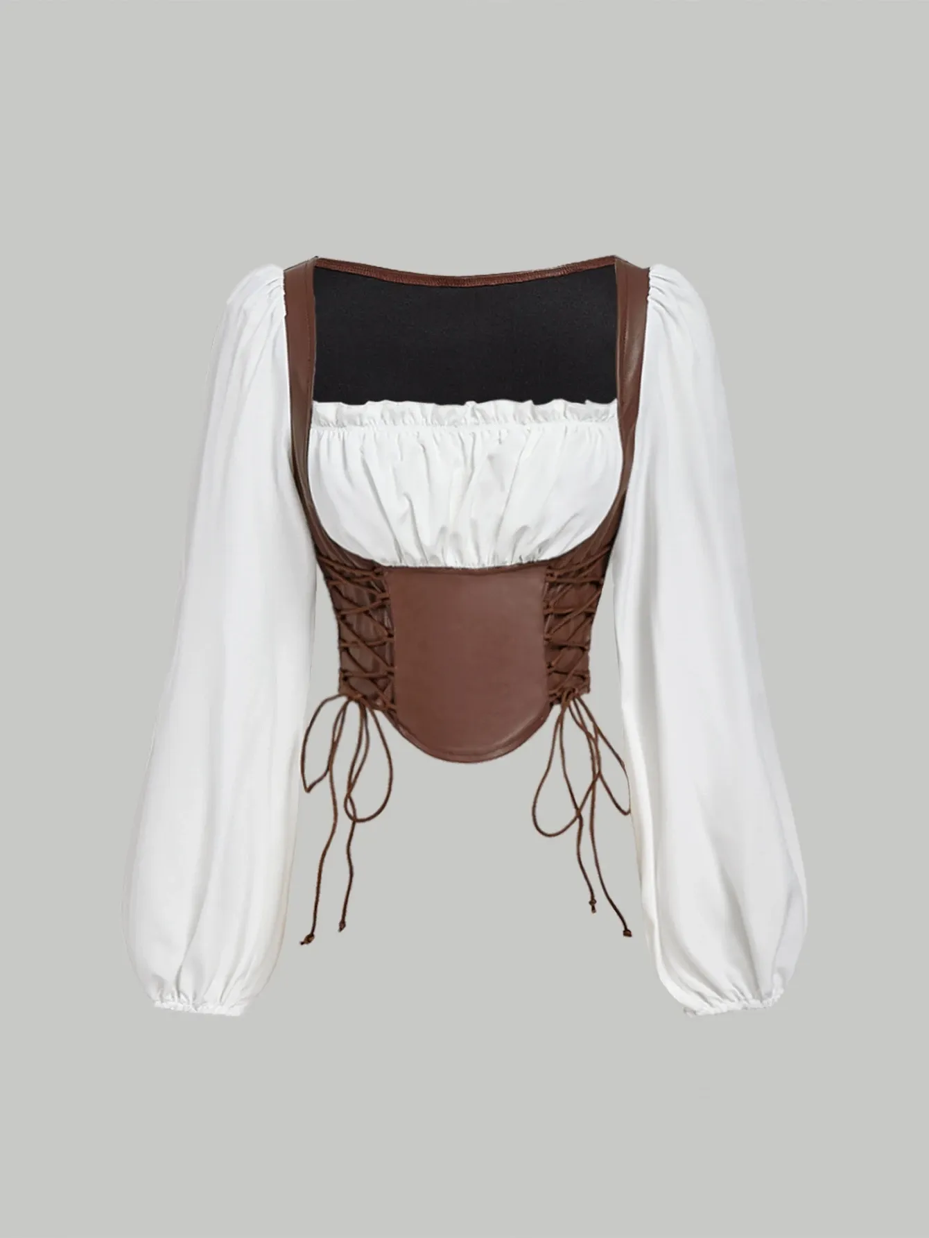 Blusa Café con Diseño Combinado y Mangas Abullonadas