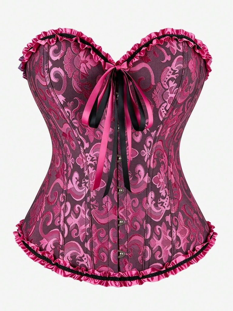 Corset Violeta Rojizo de Jacquard con Volantes