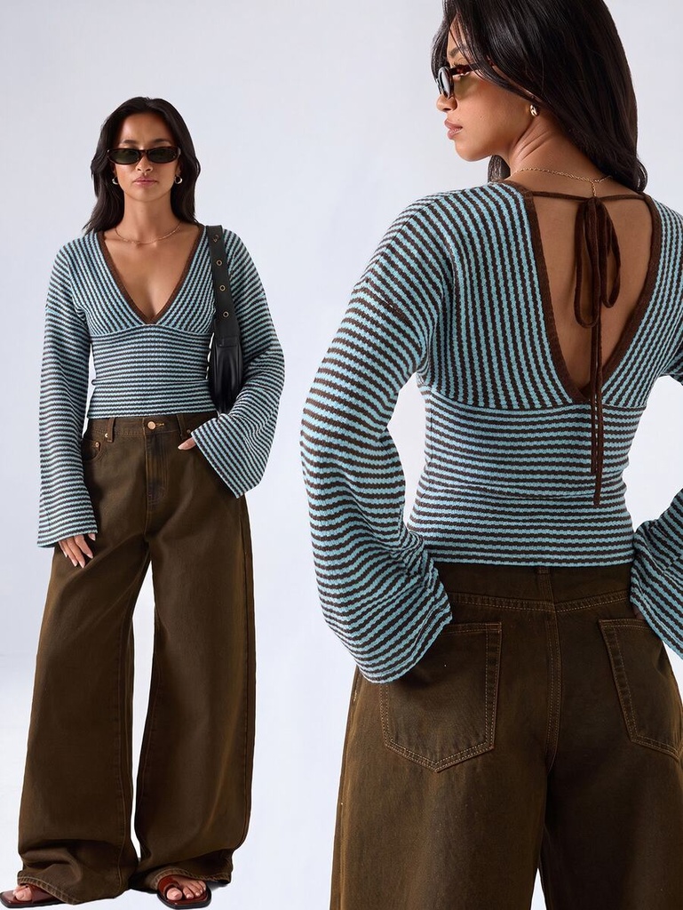 Blusa de Punto a Rayas Azul y Café