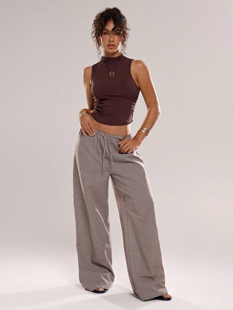 Pantalón Ancho de Cuadros Café