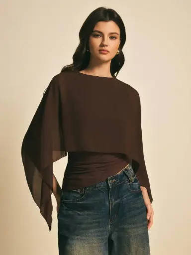 [sz25092977145461847] Blusa Café con Mangas Murciélago