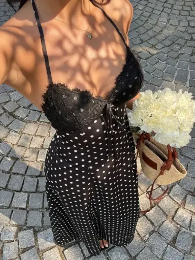 [sz251114435200474479] Vestido Largo Negro de Lunares con Encaje