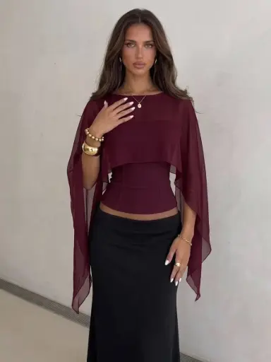 [sz260521183405017112315] Blusa Vino con Cuello Tipo Chal