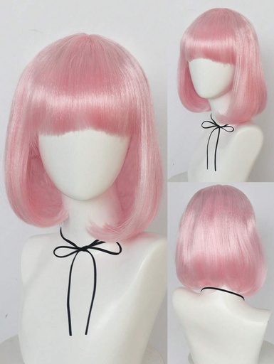 [sb2411010350016990] Peluca Rosa Corta con Fleco de 12 Pulgadas