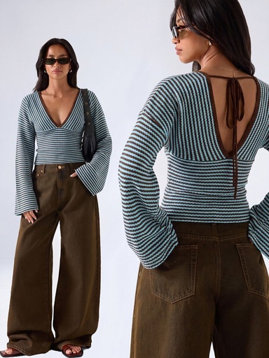 [sz260509135904181769539] Blusa de Punto a Rayas Azul y Café