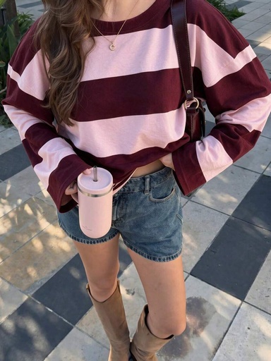 Blusa Rayada Vino y Rosa de Manga Larga